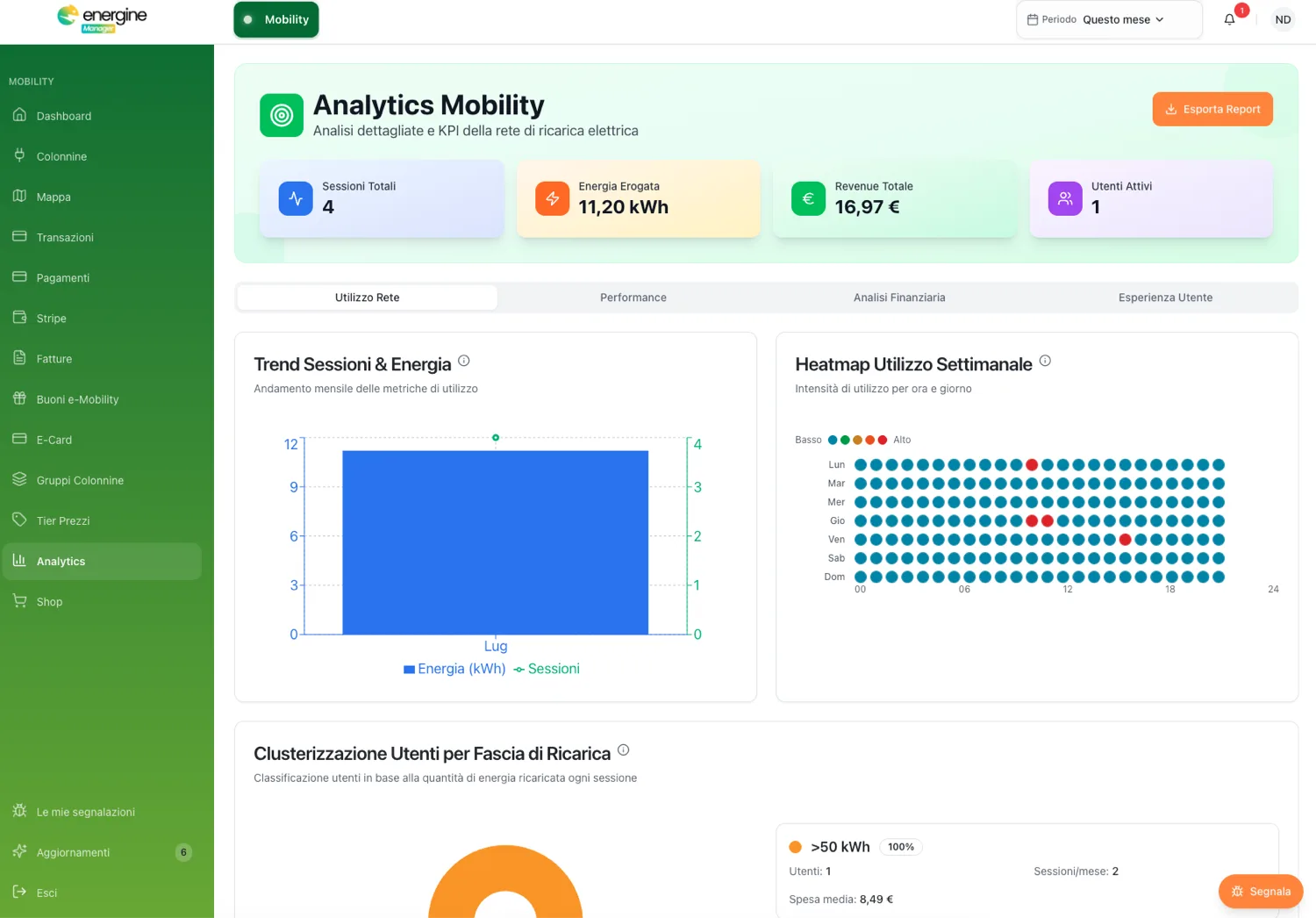 Analytics: trend sessioni ed energia, heatmap di utilizzo e analisi finanziaria.