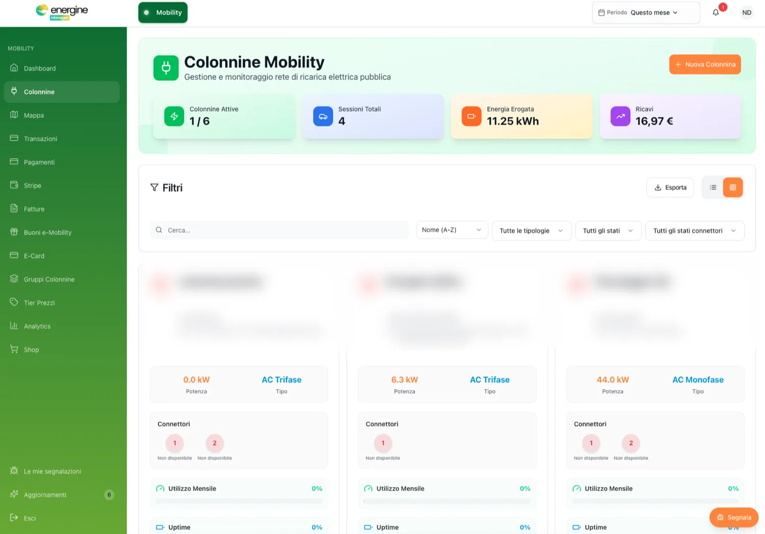 Colonnine: parco colonnine con potenza, tipo AC/DC, connettori e uptime.