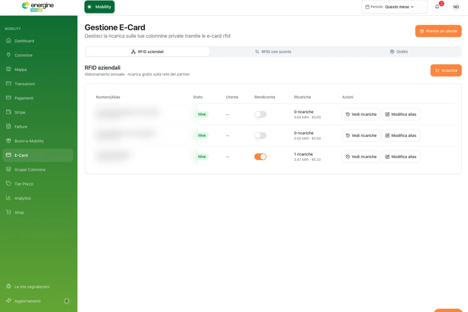 Gestione E-Card RFID in Energine Manager: tessere aziendali con stato, ricariche associate e opzione di rendicontazione.