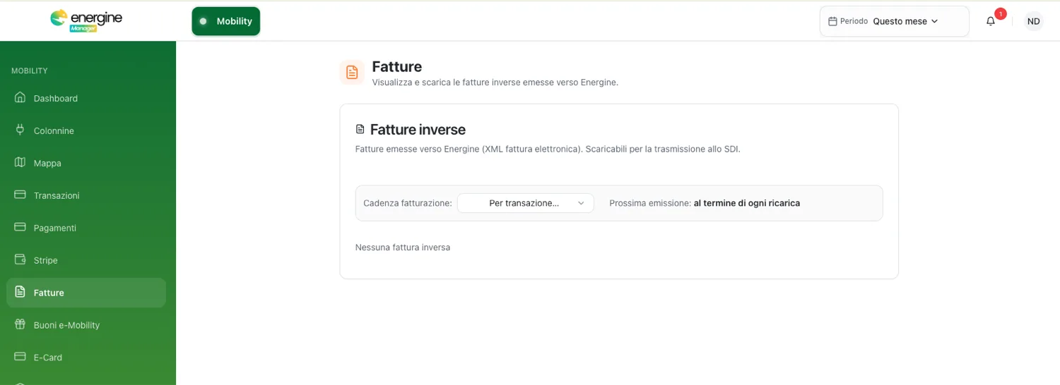 Schermata Fatture inverse di Energine Manager: fatture elettroniche verso Energine, con cadenza per transazione e trasmissione SDI.