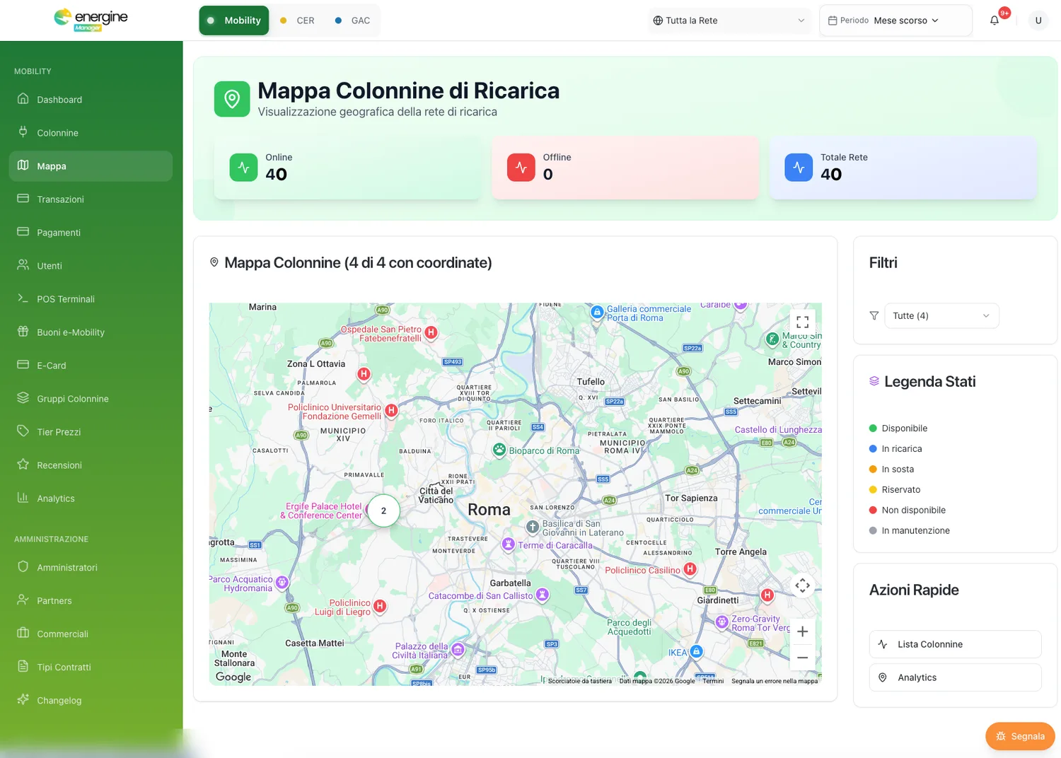 Mappa delle colonnine di ricarica con stati in tempo reale.