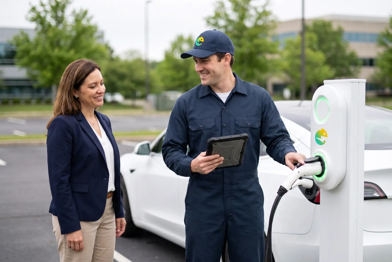 Un tecnico Energine assiste una colonnina di ricarica con un tablet diagnostico mentre il gestore del parcheggio osserva, accanto a un'auto elettrica collegata.