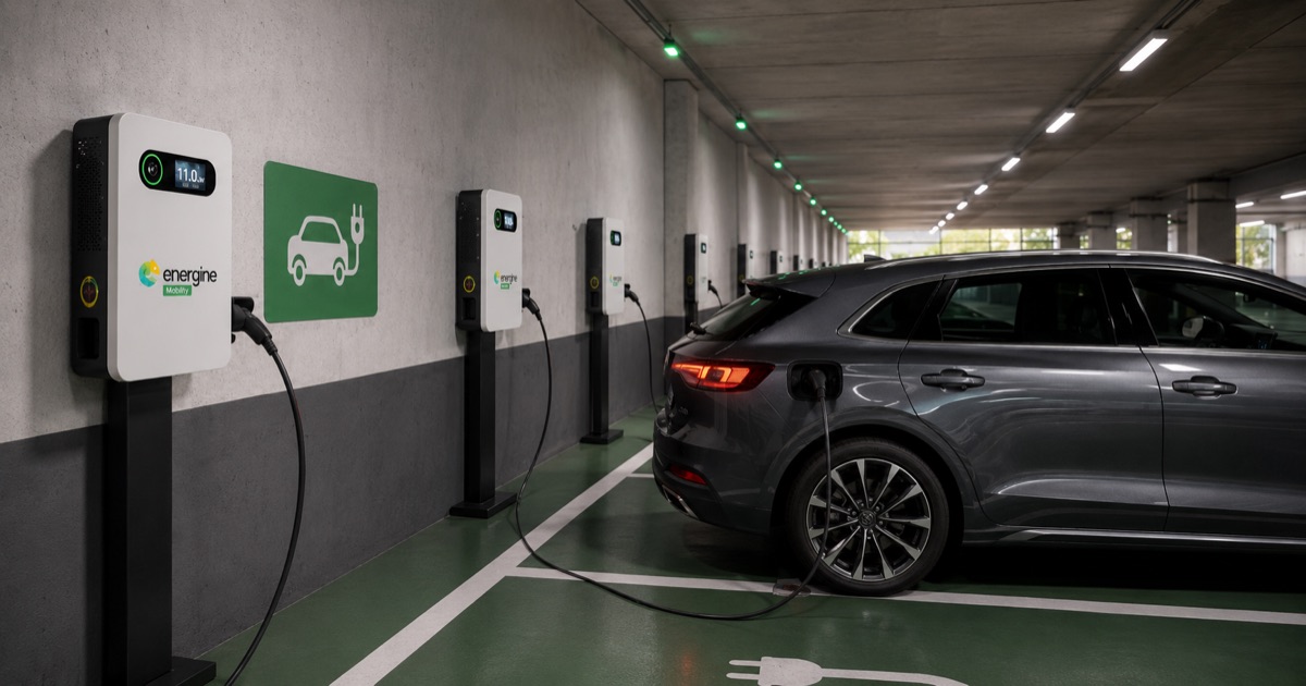 Più colonnine Energine Mobility 11 kW in fila in un parcheggio aziendale coperto, auto elettrica grigia in ricarica su stallo verde dedicato EV