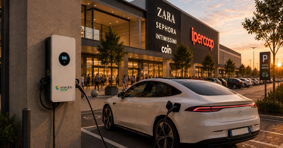 Auto elettrica in ricarica con colonnina Energine nel parcheggio di un centro commerciale italiano (Ipercoop, Zara, Sephora) al tramonto