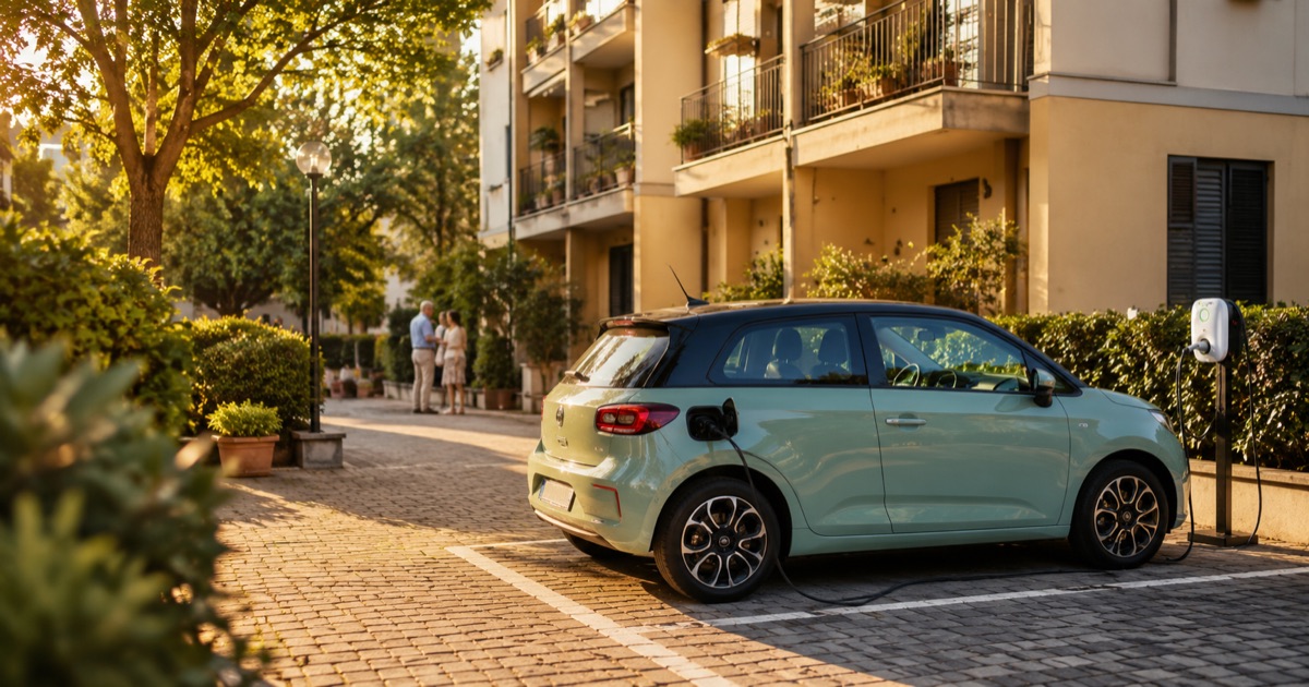 Auto elettrica verde menta in ricarica con colonnina Energine 11 kW nel cortile interno di un condominio italiano al tramonto