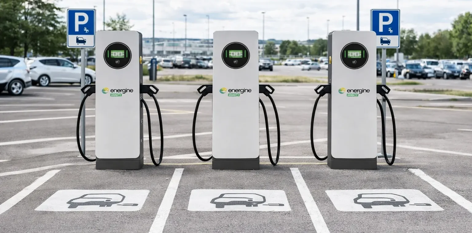 Tre colonnine di ricarica rapida Energine Mobility installate su stalli dedicati in un parcheggio, con display attivi e cavi su entrambi i lati