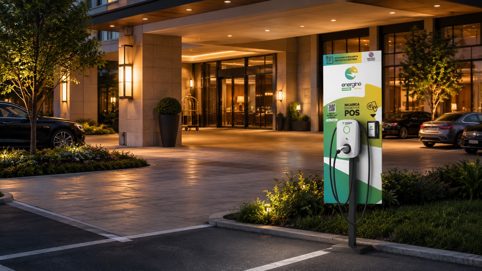 Colonnina di ricarica Energine Mobility brandizzata, con totem 'Ricarica e paga con il POS', installata all'ingresso di un hotel al tramonto
