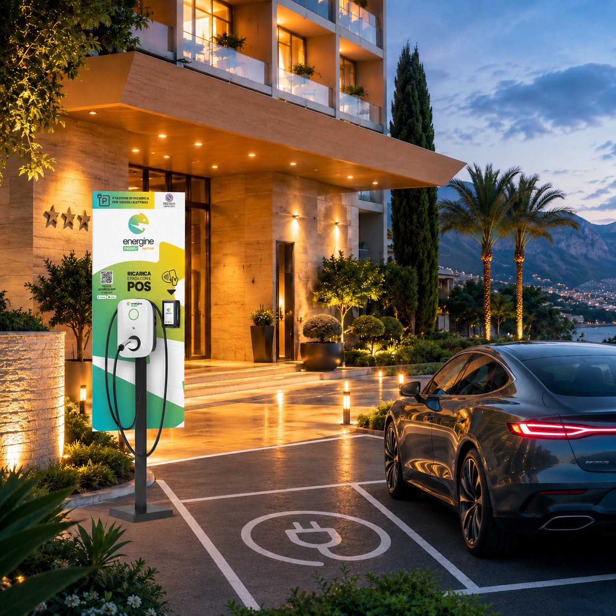 Auto elettrica parcheggiata in uno stallo dedicato davanti a un hotel sul mare al tramonto, con stazione Energine Mobility brandizzata 'Ricarica e paga con il POS'