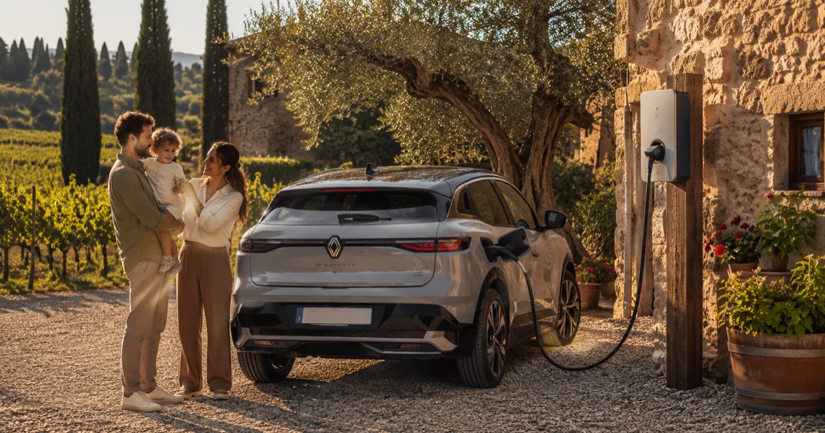 Famiglia che ricarica la propria auto elettrica con colonnina Energine 11 kW in un agriturismo italiano fra ulivi e vigneti