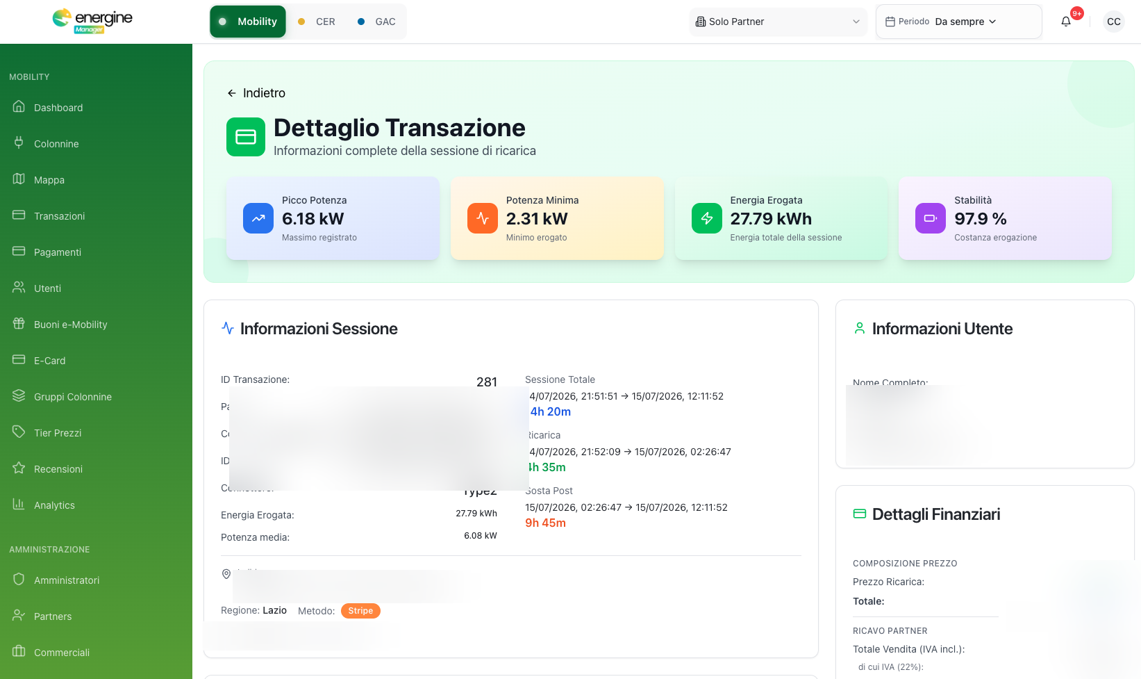 Dettaglio di una transazione in Energine Manager: potenza, energia, durata della sessione e dati di rendicontazione, con i dati personali oscurati.