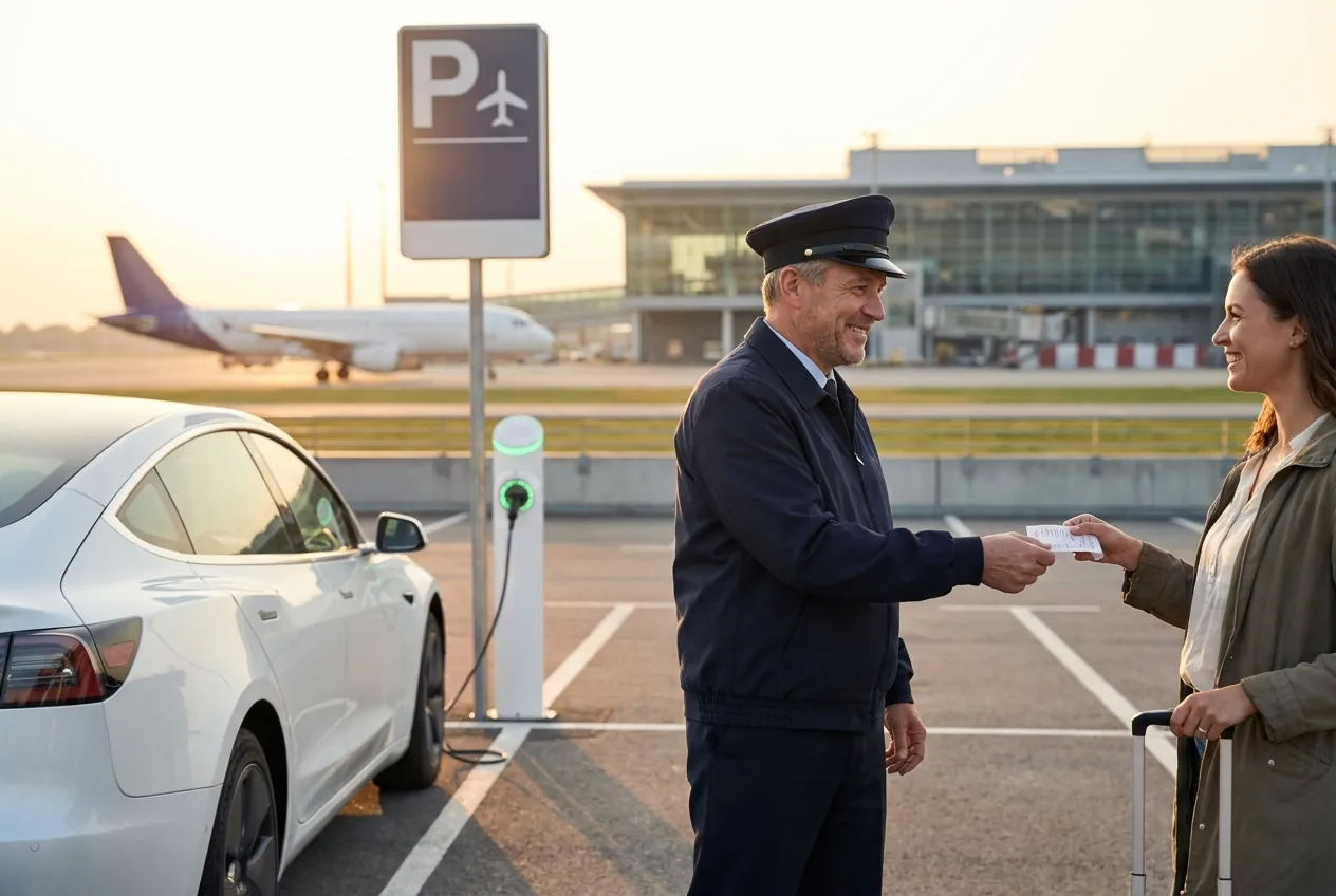 In un parcheggio aeroportuale, il parcheggiatore in divisa consegna al cliente il resoconto della ricarica, accanto all'auto elettrica collegata a una colonnina Energine.